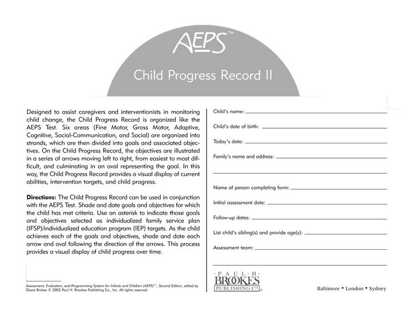 Assessment, Evaluation, and Programming System for Infants and Children (AEPS (R)) 2/e