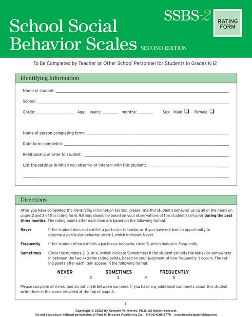 School Social Behavior Scales  Rating Scales 2/e