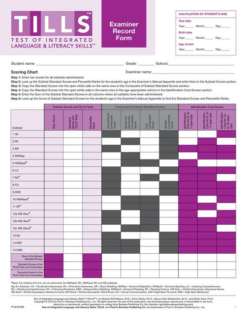 Test of Integrated Language and Literacy Skills (R) (TILLS (R)) Examiner